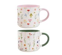Set of 2 Stacking Floral Mugs - New Bone China Coffee & Tea Cups with Assorted Pink & Green Designs, Dishwasher & Microwave Safe, Space-Saving Elegant Kitchen Drinkware Set