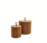 Set of 2 Storage Boxes with Bamboo Lids, Round/Rectangular, Small, Brown (Diameter 8 x Height 8.2 / Φ12 x 11.2 cm)