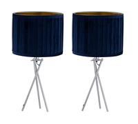 firstchoicelighting Set of 2 Polished Chrome Tripod Table Lamps or Bedside Lights, Modern, Navy Blue Pleat Velvet Shade, Height 54cm, LED Compatible