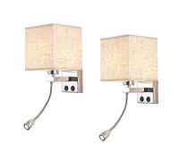 Set of 2 Swan Neck Reading Lamps, Warm White LED Bedside Light with Fabric Shade, E27 Wall Sconce for Bedroom, Hallway, Restaurant - Beige Finish