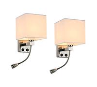 Set of 2 Swan Neck Reading Lamps, Warm White LED Bedside Light with Fabric Shade, E27 Wall Sconce for Bedroom, Hallway, Restaurant, Switch Control - White