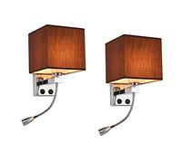 Set of 2 Swan Neck Reading Lamps, Warm White LED Bedside Lights with Switch, Fabric Shade E27 Wall Sconces for Bedroom, Hallway, Restaurant - Brown Finish