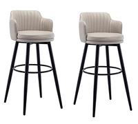 Set of 2 Swivel Bar Stools with Back and Arms, Faux Leather Upholstery, Counter Height, Black Metal Legs and Footrest, Perfect for Kitchen Island, Pub or Dining Room, Khaki Color