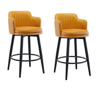 Set of 2 Swivel Bar Stools with Backrest, Kitchen Island Chairs, Counter Height, Napa Leather Upholstery, Black Metal Legs and Footrest, Ideal for Home and Bar Use