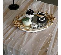 Set of 2 Table Runner 10ft Wedding Veil White Dessert Tablecloth Chiffon Tulle Pearl Lace Boho Glitter Table Sequins Overlay Wedding Aisle Runner Denim and Diamonds Party Decorations Doilies