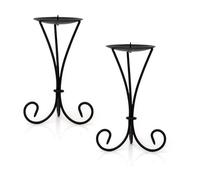 Set of 2 Tall Black Metal Scroll Candle Holders | Pack of 2 Black Pillar Candle Holders Candlesticks | Candle Plates With Spike - 21cm