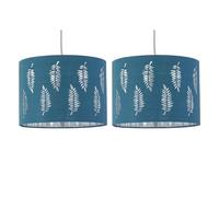 Set of 2 Teal Pendant Shades, Easy Fit Ceiling Lightshades, Fern Leaf Cut Out Design, Diameter 30cm