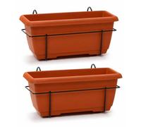 Set of 2 Terracotta 40cm Railing Planter Box with Metal Hanging Bracket, Balcony Fence Hanging Flower Pot, Weather Resistant Outdoor Window Box Planter for Balconies, Fences, Railings, Patios & Garden