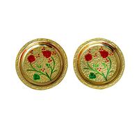 Set of 2 Thali Small Decorative Brass Minakari work Plate, Decorative Indian Roli chawal Prasad Plate Katori for Pooja Utensils for Indian Traditional New year Decor Puja Item (Size:- 2.5")