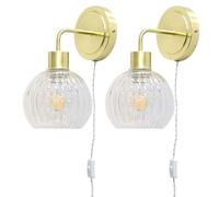 Set of 2 Toby - Satin Brass Plug in Wall Lights Clear Ribbed Shades