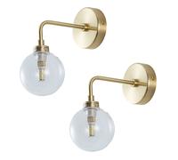 firstchoicelighting Set of 2 Brushed Gold Brass Wall Lights Lamps with Clear Glass Globe Shade, Height 22cm, LED Compatible