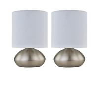 Set of 2 Touch Operated Table Lamps or Bedside Lights, White Fabric Shade, 23cm Height