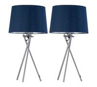 Set of 2 Tripod - Chrome Lamps with Navy Blue & Silver Fabric Shade