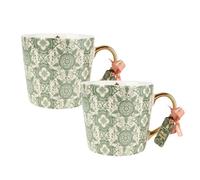 Set of 2 Tudor Rose Mugs, 330ml Green Ceramic Mugs with Gold Handles