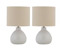 firstchoicelighting Set of 2 Modern White Ceramic 43cm Table Lamp or Bedside Lights with Natural Linen Shade, LED Compatible