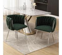 Set of 2 Upholstered Dining Chairs with Silver Legs, Hand-woven Backrest, Boucle Dressing Table Chair for Bedroom, 54x52x73 cm, Emerald Aosom.UK