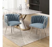 Set of 2 Upholstered Dining Chairs with Silver Legs, Hand-woven Backrest, Boucle Dressing Table Chair for Bedroom, 54x52x73 cm, Light Blue Aosom.UK