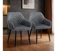 Set of 2 Upholstered Suede Dining Chairs with Backrest Slish Armchairs with Black Metal Legs for Kitchen Living Room and Office (Dark Color)