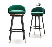 Set of 2 Velvet Bar Stools 360° Swivel Black Metal Legs 65cm Height Stylish Green Upholstered Chairs for Kitchen/Bar/Café Decor