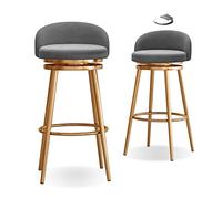 Set of 2 Velvet Bar Stools 360° Swivel Gold Metal Legs for Kitchen/Bar/Counter 65cm Seat Height Stylish Gray Upholstered Chairs