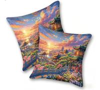Set of 2 Velvet Cushion Covers 35x35cm Soft Decorative Square Throw Pillow Cases Double Sided Pattern Spring, Summer, Autumn, Winter Outdoor Invisible Zipper Sofa, Ancient Architecture Sunrise, A232