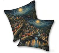 Set of 2 Velvet Cushion Covers 35x35cm Soft Decorative Square Throw Pillow Cases Double Sided Pattern Spring, Summer, Autumn, Winter Outdoor with Invisible Zipper for Sofa, Moon Bridge, A-988