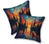 Set of 2 Velvet Cushion Covers 35x35cm Soft Decorative Square Throw Pillow Cases Double Sided Pattern Spring, Summer, Autumn, Winter Outdoor with Invisible Zipper for Sofa, Aurora Forest, A-422