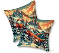 Set of 2 Velvet Cushion Covers 35x35cm Soft Decorative Square Throw Pillow Cases Double Sided Pattern Spring, Summer, Autumn, Winter Outdoor Invisible Zipper for Sofa, Sunrise Over Snow Mountain, A941