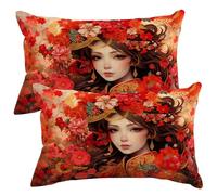 Set of 2 Velvet Cushion Covers 35x55 cm Chinese Style Cushions Covers Decorative Throw Pillow Case Japanese Woman Sofa Pillows 14x22 Inch Rectangle Cushion Cover for Livingroom Couch Bedroom -SC251