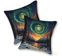 Set of 2 Velvet Cushion Covers 40x40cm Soft Decorative Square Throw Pillow Cases Double Sided Pattern Spring, Summer, Autumn, Winter Outdoor with Invisible Zipper for Sofa, Aurora Snow Mountain, A-424