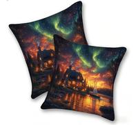 Set of 2 Velvet Cushion Covers 40x40cm Soft Decorative Square Throw Pillow Cases Double Sided Pattern Spring, Summer, Autumn, Winter Outdoor with Invisible Zipper for Sofa, Aurora Ship, A-420