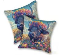 Set of 2 Velvet Cushion Covers 45x45cm Soft Decorative Square Throw Pillow Cases Double Sided Pattern Spring, Summer, Autumn, Winter Outdoor with Invisible Zipper for Sofa, Highland Cow Flower, A-575