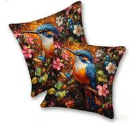 Set of 2 Velvet Cushion Covers 45x45cm Soft Decorative Square Throw Pillow Cases Double Sided Pattern Spring, Summer, Autumn, Winter Outdoor with Invisible Zipper for Sofa, Hummingbird Flower, A-212