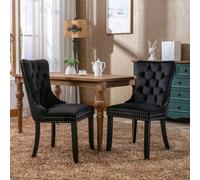 Set of 2 Velvet Dining Chairs, Upholstered Dining Chairs with Button Tufted Backrest, Solid Rubber Wood Legs, Suitable for Dining Room, 50L x 64W x 96H cm, Black Aosom UK