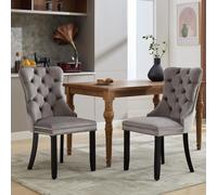 Set of 2 Velvet Dining Chairs with Knocker Ring, Button Tufted Backrest, Upholstered Chairs with Rubber Wood Legs, 50L x 64W x 96H cm, Grey Aosom.UK