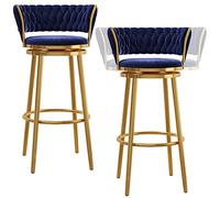 Set of 2,Velvet Woven ° Swivel Counter Height Stools, Gold Frame High Barstools with Backs, Tall Chairs for Pub Cafe Bar (Blue,75cm)