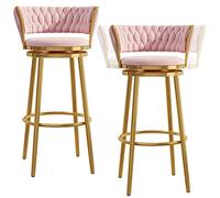 Set of 2,Velvet Woven ° Swivel Counter Height Stools, Gold Frame High Barstools with Backs, Tall Chairs for Pub Cafe Bar (Pink,65cm)