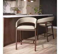 Set of 4 Walnut & Beige Upholstered Curved Kitchen Stools with Backs - Owen