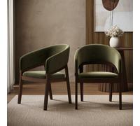Set of 6 Walnut & Olive Green Velvet Curved Dining Chairs - Owen