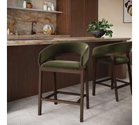 Set of 3 Walnut & Olive Green Velvet Curved Kitchen Stools with Backs - Owen