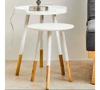 Set of 2 White Bamboo Round Nesting Side Tables with Natural Wood Legs, Viborg