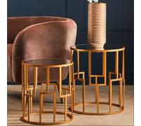 Set of 2 White Mirrored Glass Top and Gold Metal Frame Round Side Tables | Avant