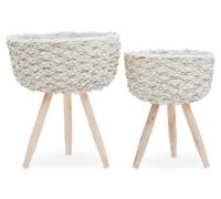 Set of 2 White Planters, Woven White Pots With Wooden Legs, White Plant Containers With Inner Lining Premier Housewares White One Size