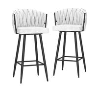 Set of 2 White Velvet Swivel Bar Stools with Woven Backs Modern 65cm Height Dining Chairs for Kitchen Island Elegant Home & Bar Furniture Comfortable Seating.