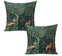 Set of 2 William Morris Pillow Covers, Forest, Fox, Hares, Blue/Green, Floral, 45.7 x 45.7 cm, Aesthetic Pillow for Bedroom and Living Room, Velvet Pillow Cover for Decoration