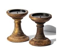 Set of 2 Wooden Pillar Candle Holders (Brown Design Four)