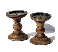 Set of 2 Wooden Pillar Candle Holders (Brown Design Three)