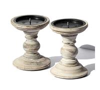 Set of 2 Wooden Pillar Candle Holders (White Design Three)