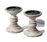 Set of 2 Wooden Pillar Candle Holders (White Design Two)