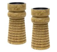 Set of 2 Wooden Ribbed Candle Holders | Large Mango Wood Pillar Candle Holders | Decorative Candlesticks for Tables, Mantels & Shelves - 20cm